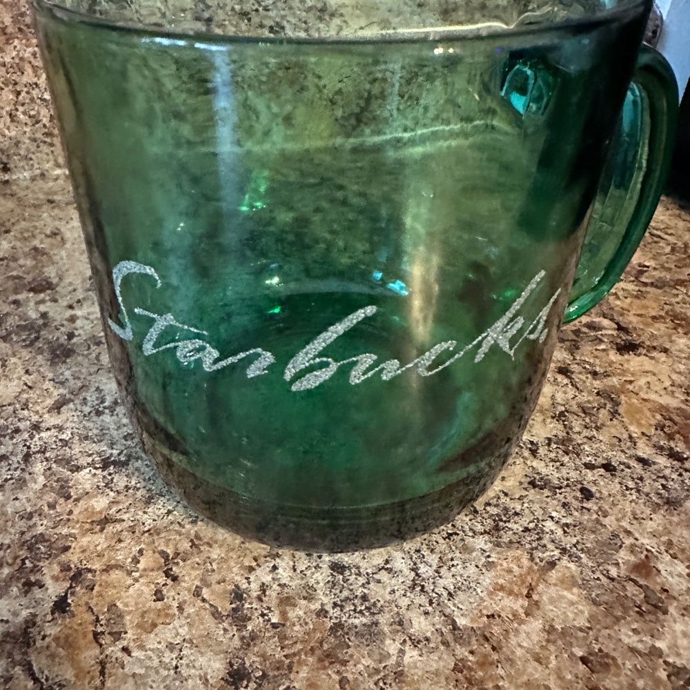 Starbucks Vintage Green Etched Script Print Glass Mug - Picture 2 of 5
